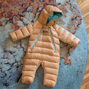 Patagonia "Dried Mango" (Tan/Orange) Puffer Snowsuit with Teal Accents